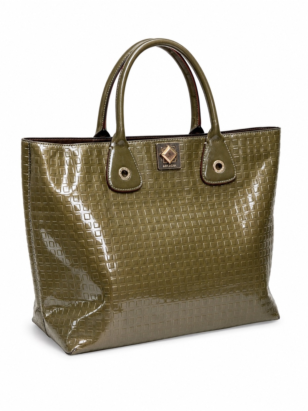 Arcadia Italy Olive Green Patent Leather Tote Bag Embossed Shopper Purse
